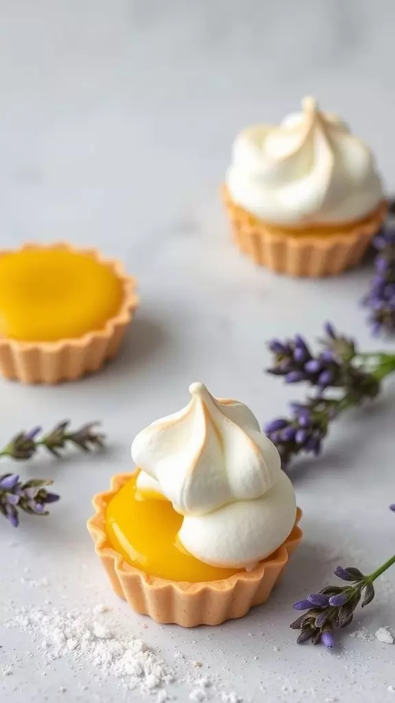 Lavender Lemon Meringue Tarts decorated with lavender flowers