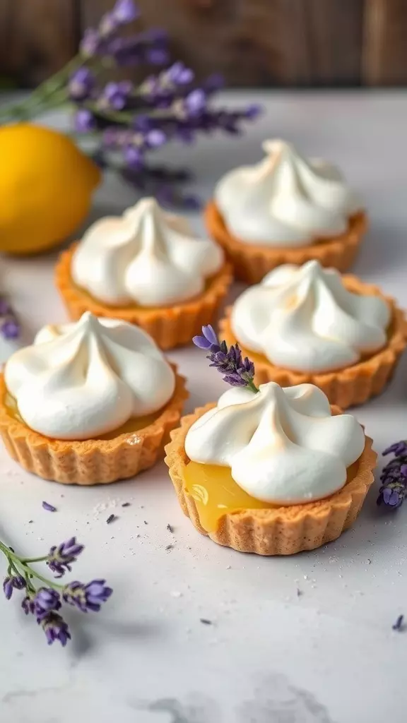 Lavender Lemon Meringue Tarts with a yellow lemon filling and white meringue topped with lavender flowers.