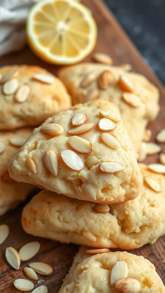 A close-up of freshly baked lemon almond scones with sliced almonds on top and a lemon half in the background.