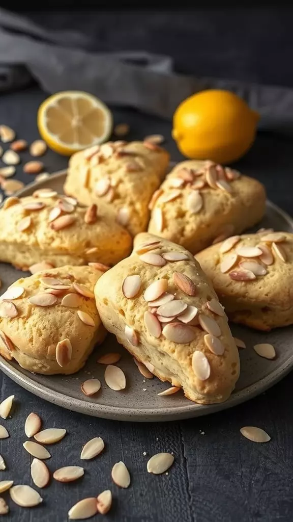 Plate of lemon almond scones with sliced almonds on top