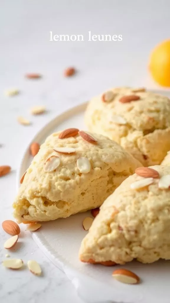 Lemon almond scones on a plate with almonds scattered around