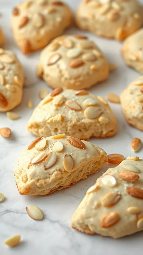 A close-up of lemon almond scones topped with sliced almonds on a marble surface.