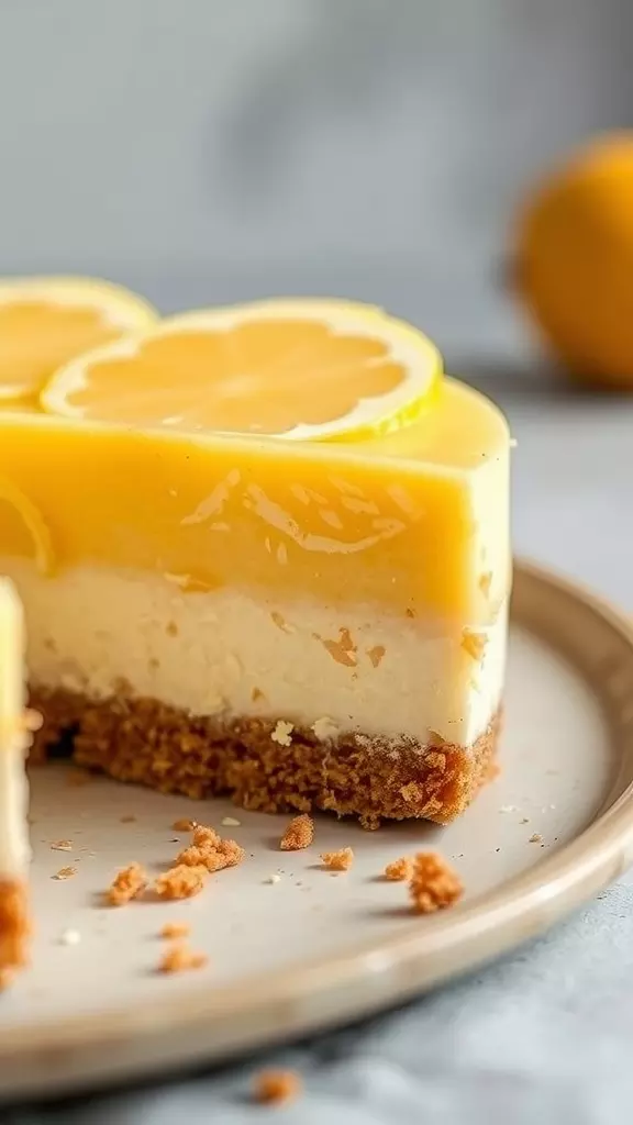 A slice of lemon bar cheesecake with a vibrant lemon topping and a graham cracker crust.