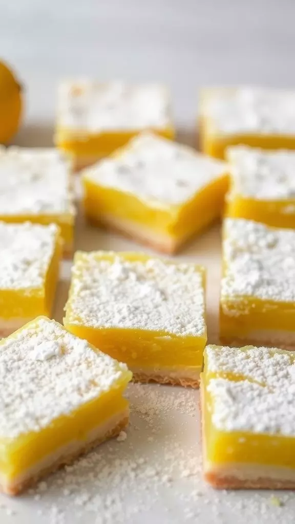 A close-up of freshly made lemon bars dusted with powdered sugar.