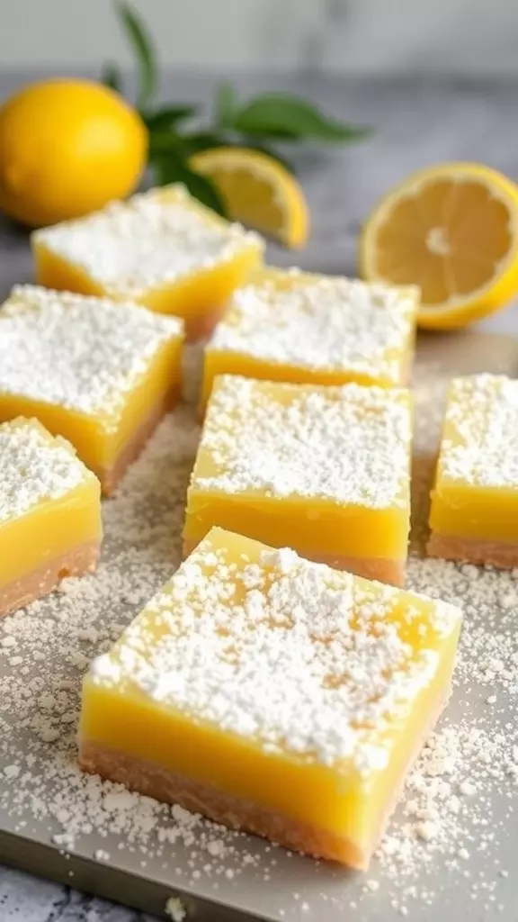 Lemon bars dusted with powdered sugar, surrounded by fresh lemons.