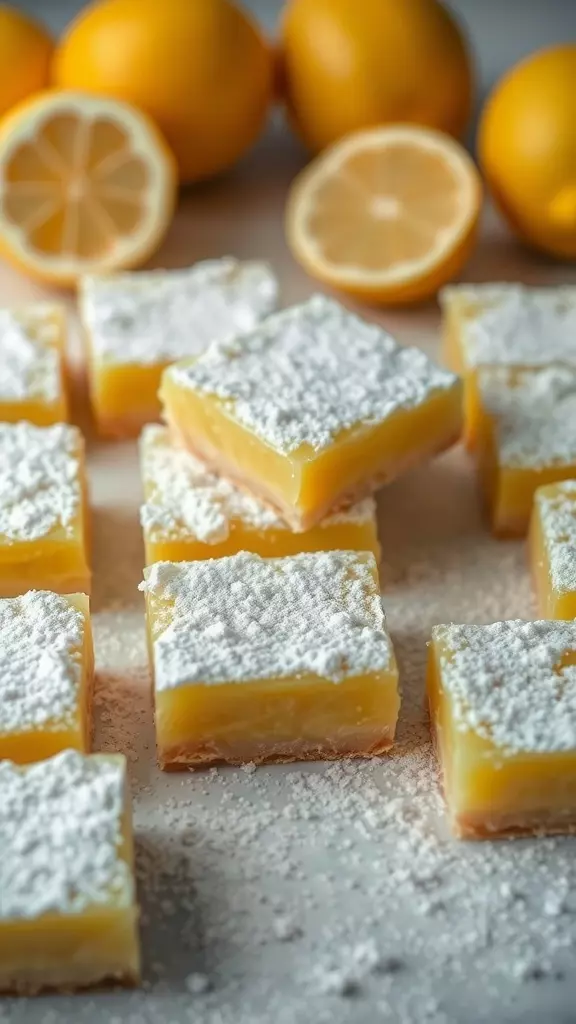 Delicious lemon bars dusted with powdered sugar, surrounded by fresh lemons.