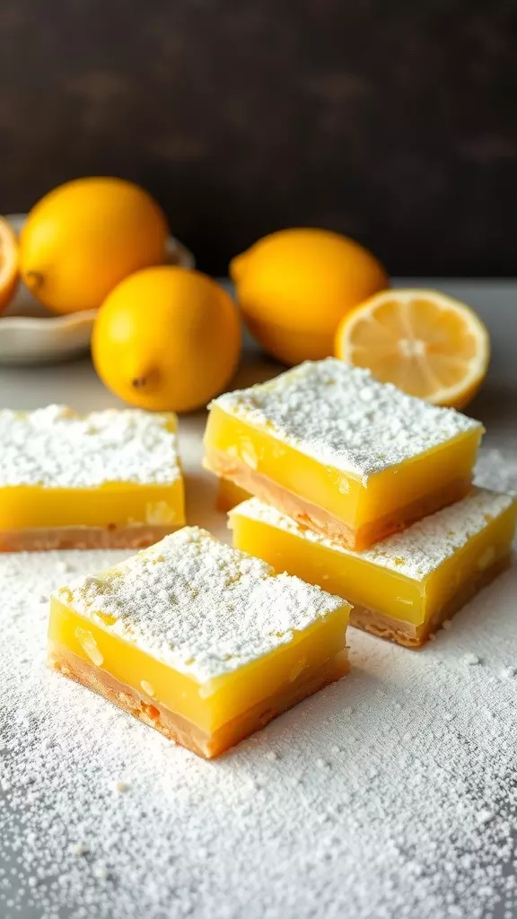 Delicious lemon bars dusted with powdered sugar, surrounded by fresh lemons.