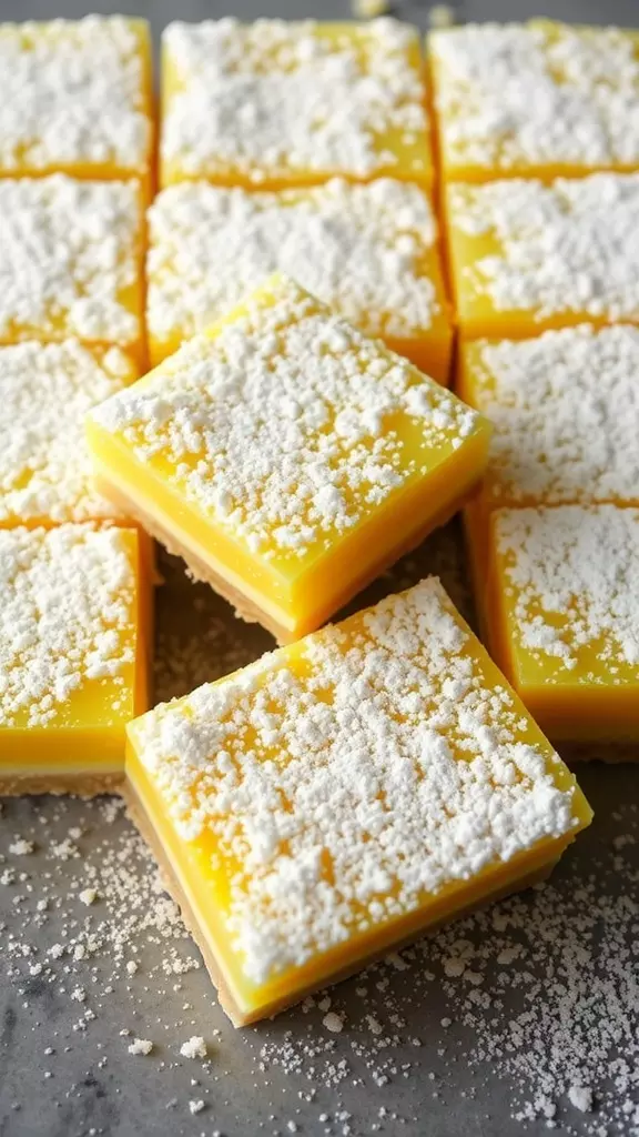 Delicious lemon bars topped with powdered sugar.