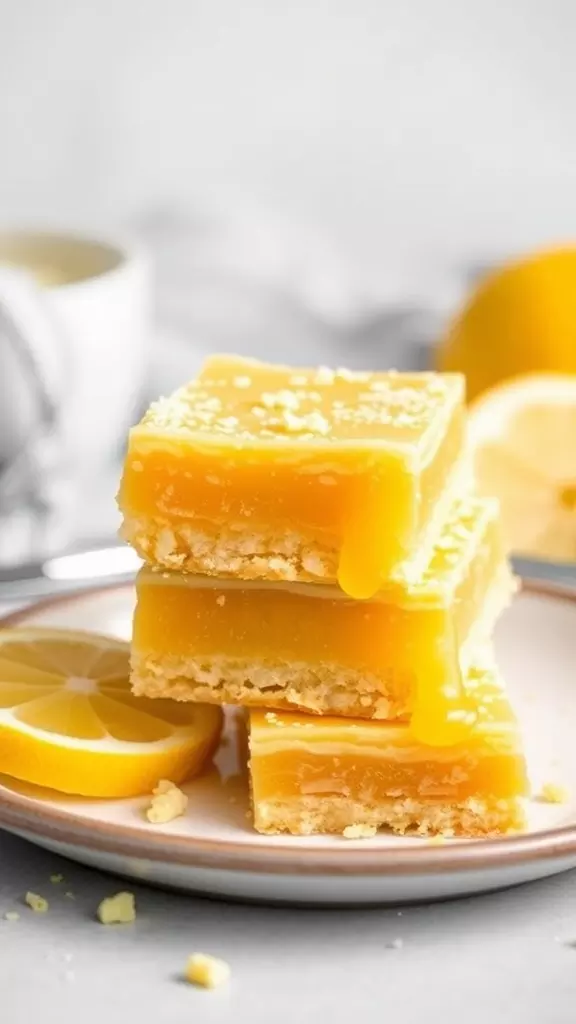 Three lemon bars stacked on a plate with lemon slices