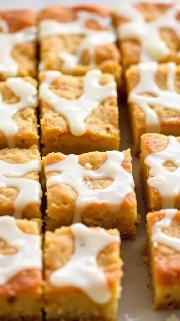 Lemon blondies with a drizzle of icing, cut into squares.