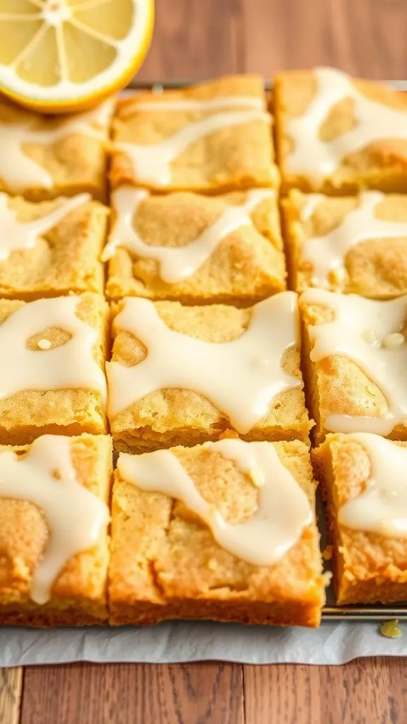 Lemon blondies with a lemon glaze on a wooden table.