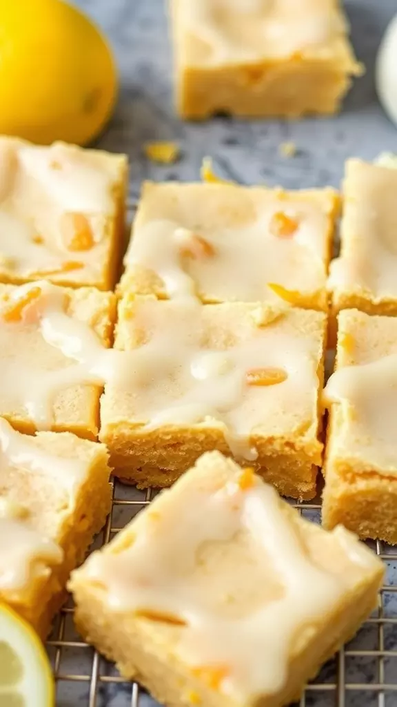 Lemon blondies with a sweet glaze on a cooling rack, surrounded by fresh lemons.