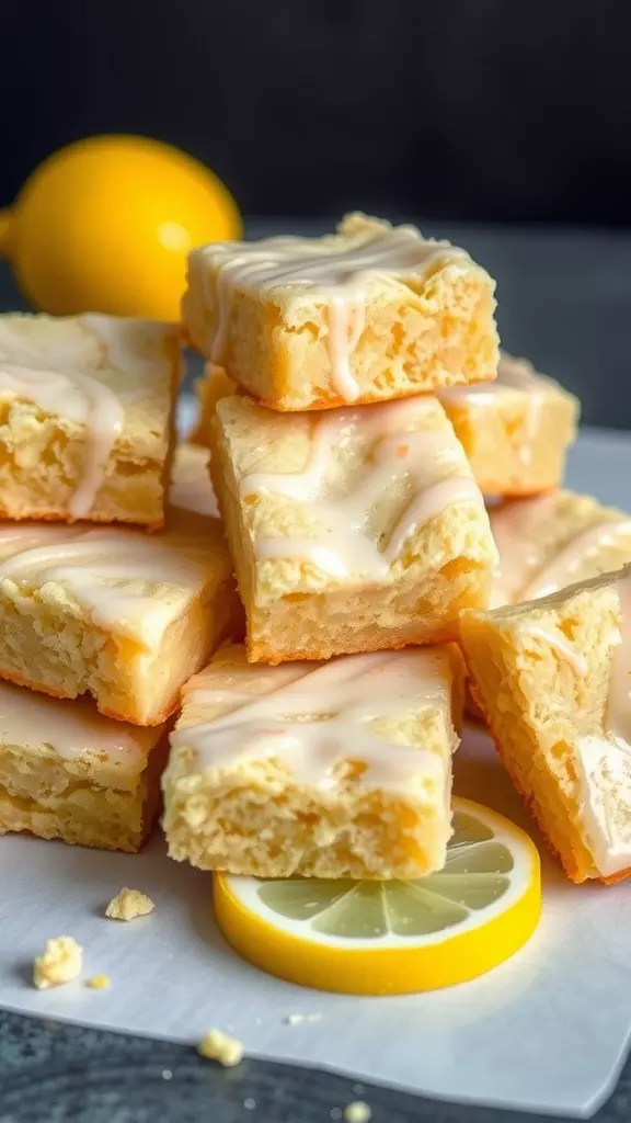 A stack of lemon blondies drizzled with frosting, surrounded by lemon slices.