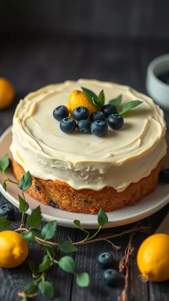 A beautiful lemon blueberry cake topped with fresh blueberries and a lemon