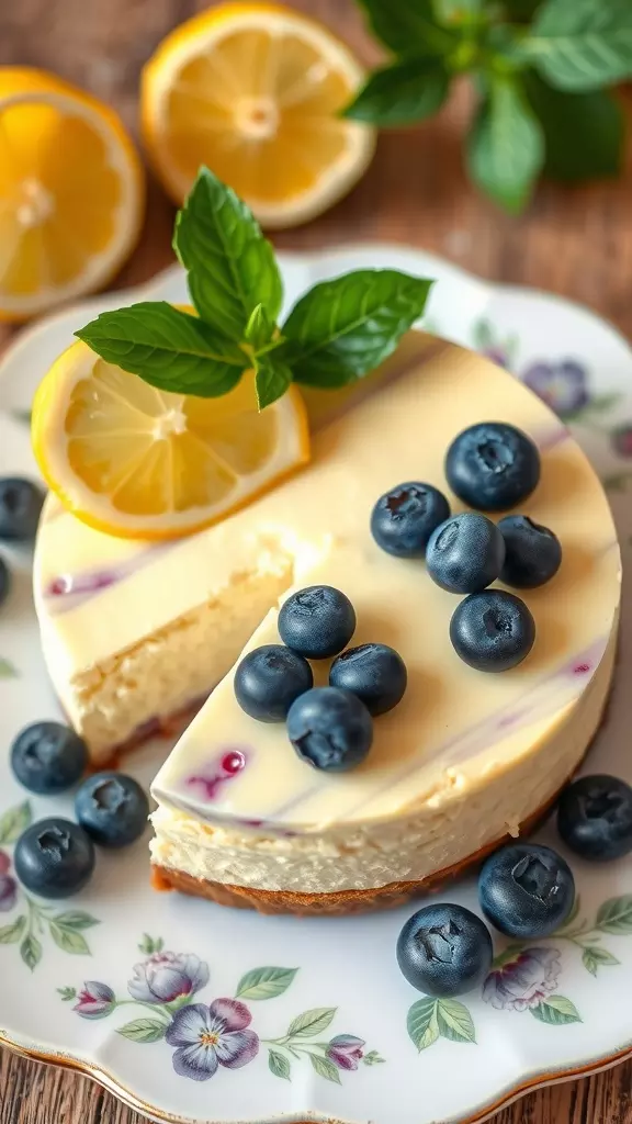 A delicious Lemon Blueberry Cheesecake topped with fresh blueberries and lemon slices on a decorative plate.