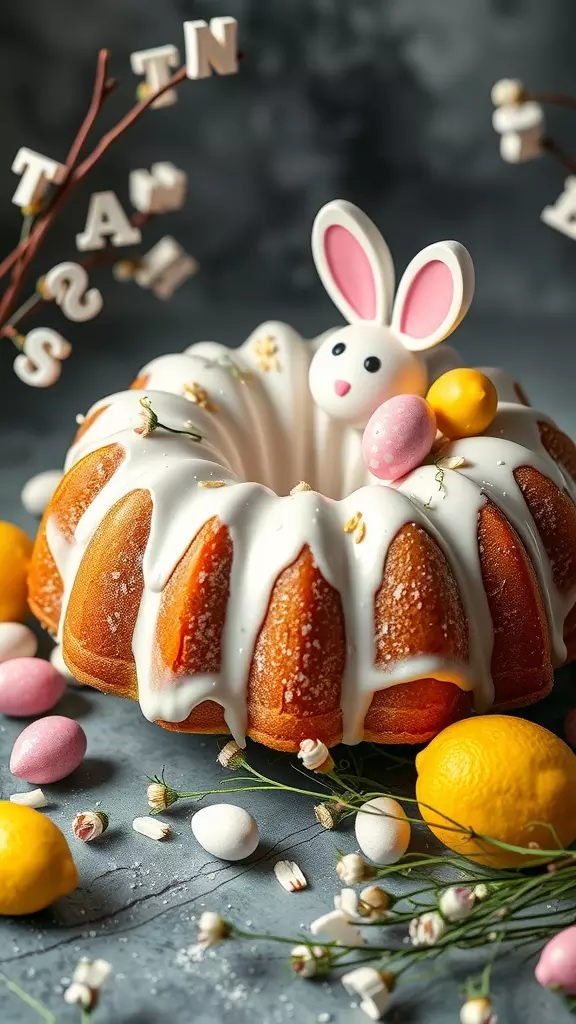 A beautifully decorated lemon bundt cake with a cute bunny and colorful eggs around it.