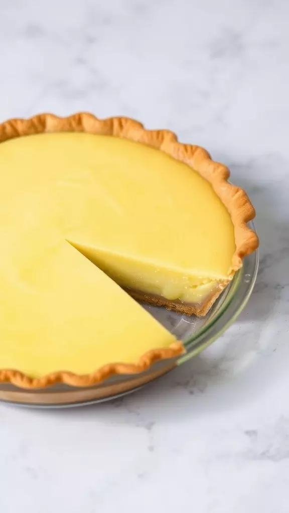 A lemon chess pie with a slice removed, showcasing its creamy filling and golden crust.