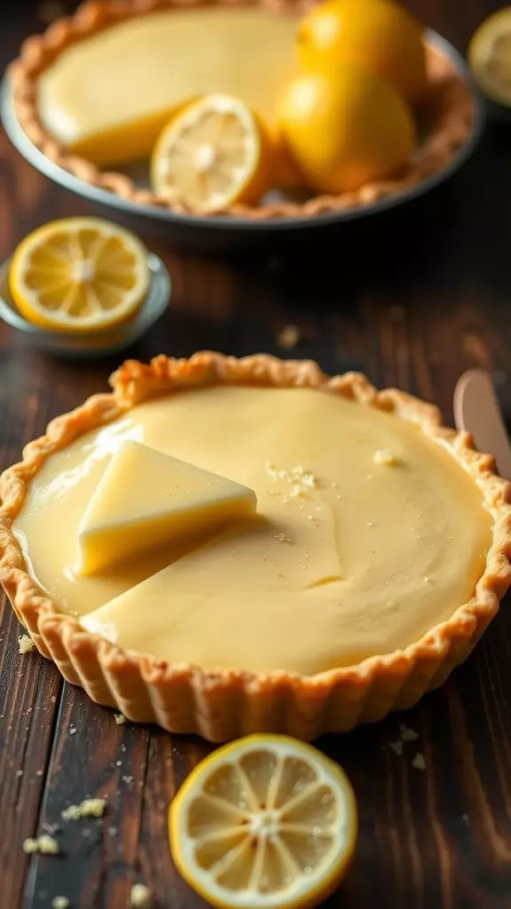 A delicious lemon chess pie with slices of lemon beside it.