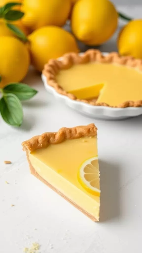 Slice of lemon chess pie with a lemon slice on top, surrounded by fresh lemons.