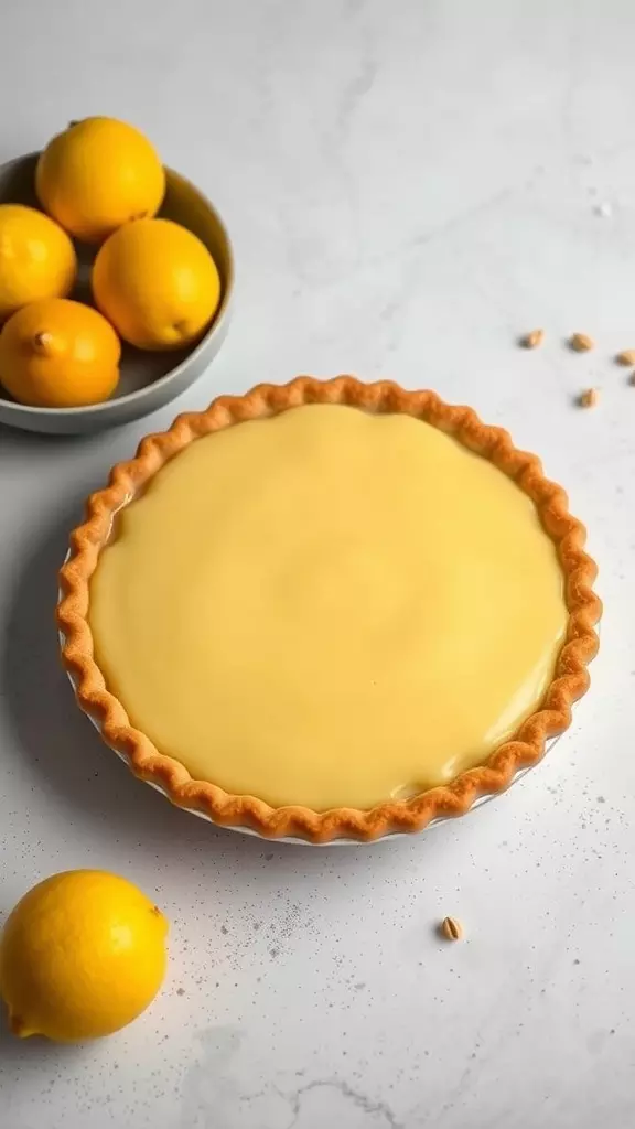 A delicious Lemon Chess Pie with a golden crust and a smooth lemon filling, surrounded by fresh lemons.