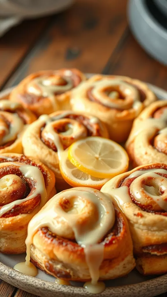 Freshly baked lemon cinnamon rolls with icing and lemon slices on a plate