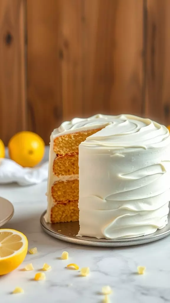 A freshly baked Lemon Curd Cake with white chocolate frosting, sliced to show its layers.