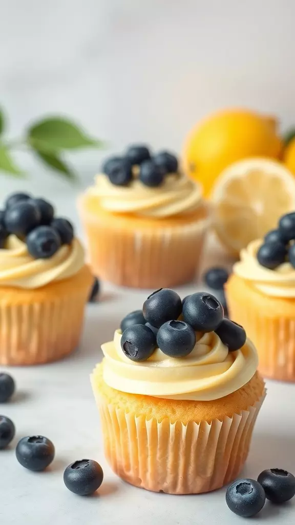 Lemon curd cupcakes topped with blueberries, with lemons in the background.