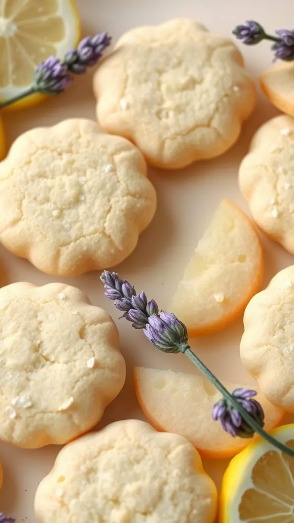 Lemon lavender cookies arranged with lemon slices and lavender sprigs