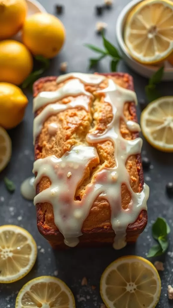 A delicious lemon loaf with a creamy glaze, surrounded by fresh lemons and mint leaves.