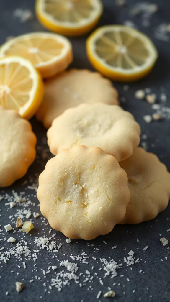 Lemon meltaway cookies stacked with lemon slices in the background