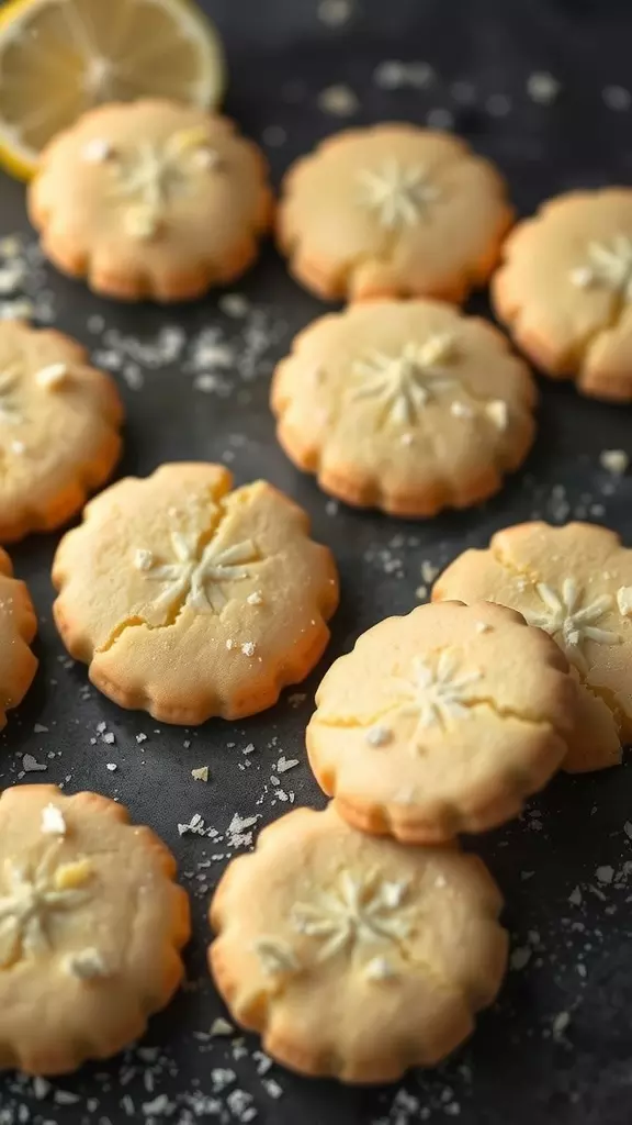 A plate of lemon meltaway cookies with a light dusting of powdered sugar and lemon slices in the background.