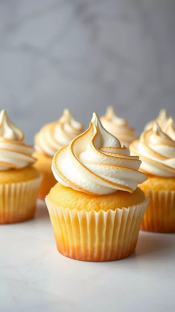 Lemon meringue cupcakes with a fluffy meringue topping.