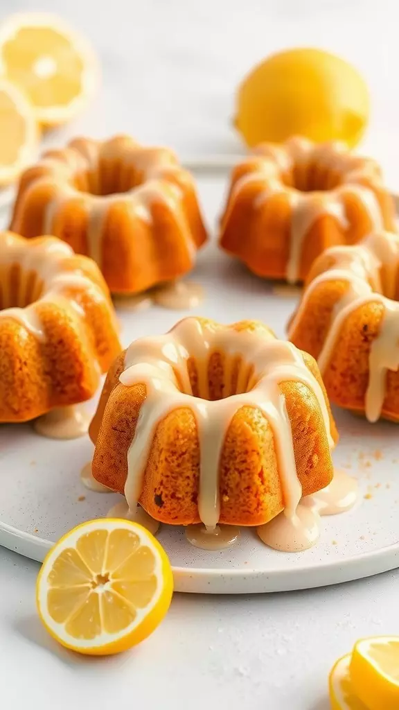 Five lemon mini bundt cakes drizzled with icing, surrounded by lemon slices.