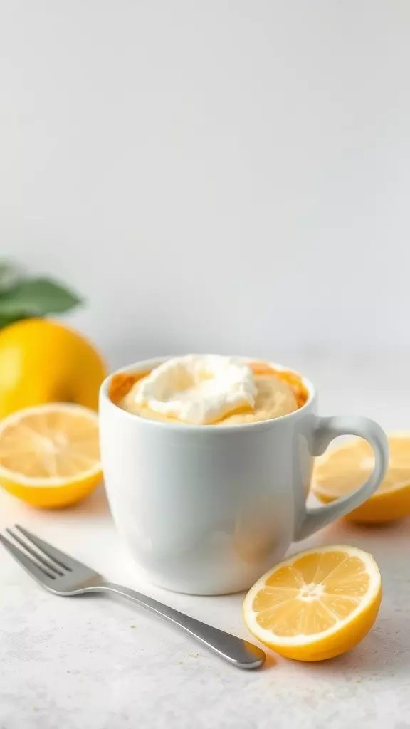 A lemon mug cake topped with whipped cream, surrounded by fresh lemon halves.