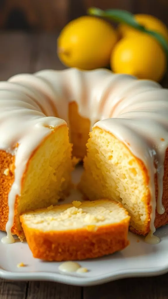 A delicious lemon poke cake with a creamy glaze, sliced to reveal moist layers, surrounded by fresh lemons.