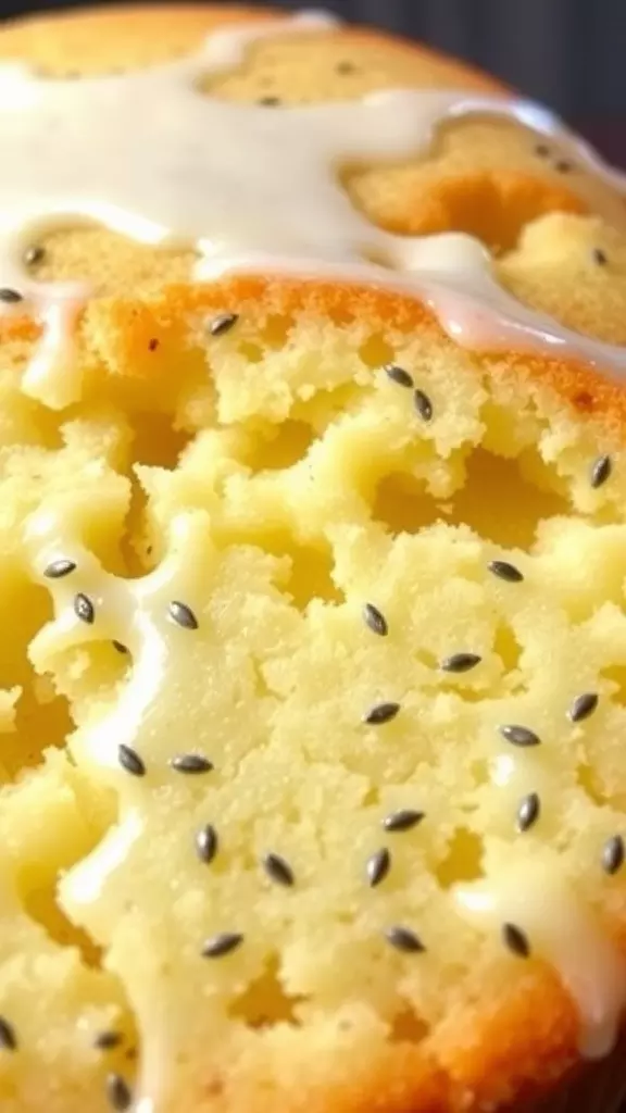 Close-up of a lemon poppy seed cake with a glaze on top