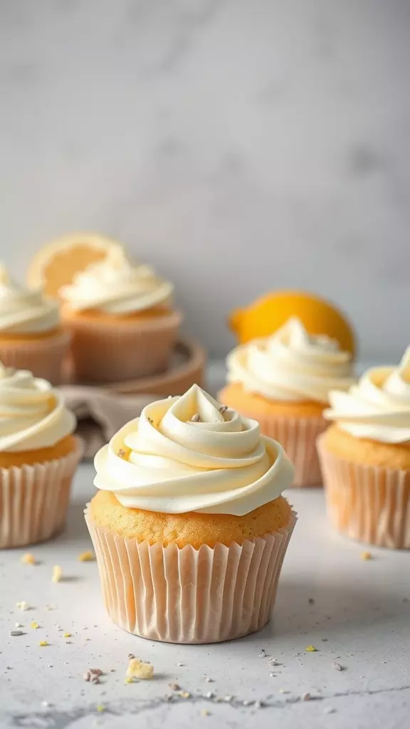 Lemon poppy seed cupcakes with swirled frosting and lemon slices