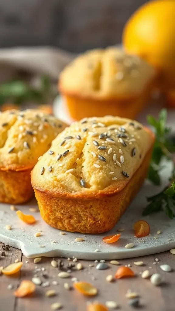 A close-up of lemon poppy seed mini loaf cakes sprinkled with seeds on a wooden surface.