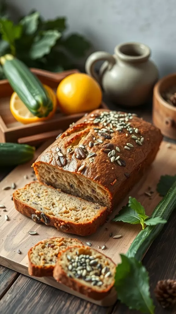 Lemon Poppy Sourdough Zucchini Bread on a wooden cutting board, surrounded by fresh zucchinis and lemons.