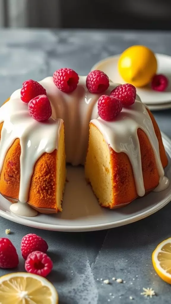 Lemon Raspberry Bundt Cake with white glaze and fresh raspberries