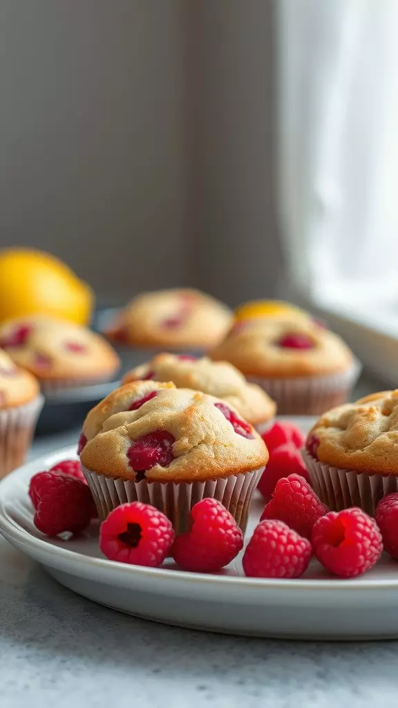 Plate of Lemon Raspberry Muffins with fresh raspberries and a lemon in the background.