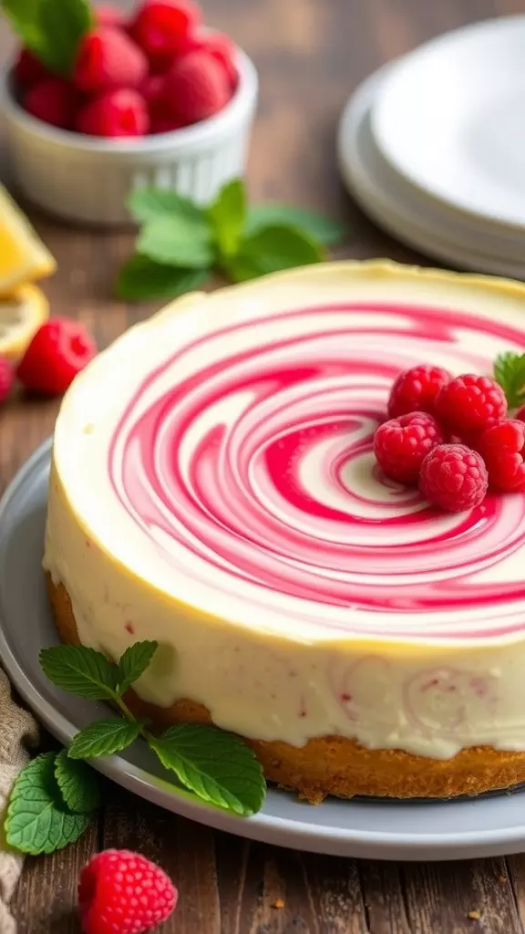 A creamy lemon raspberry no bake cheesecake topped with fresh raspberries and lemon slices