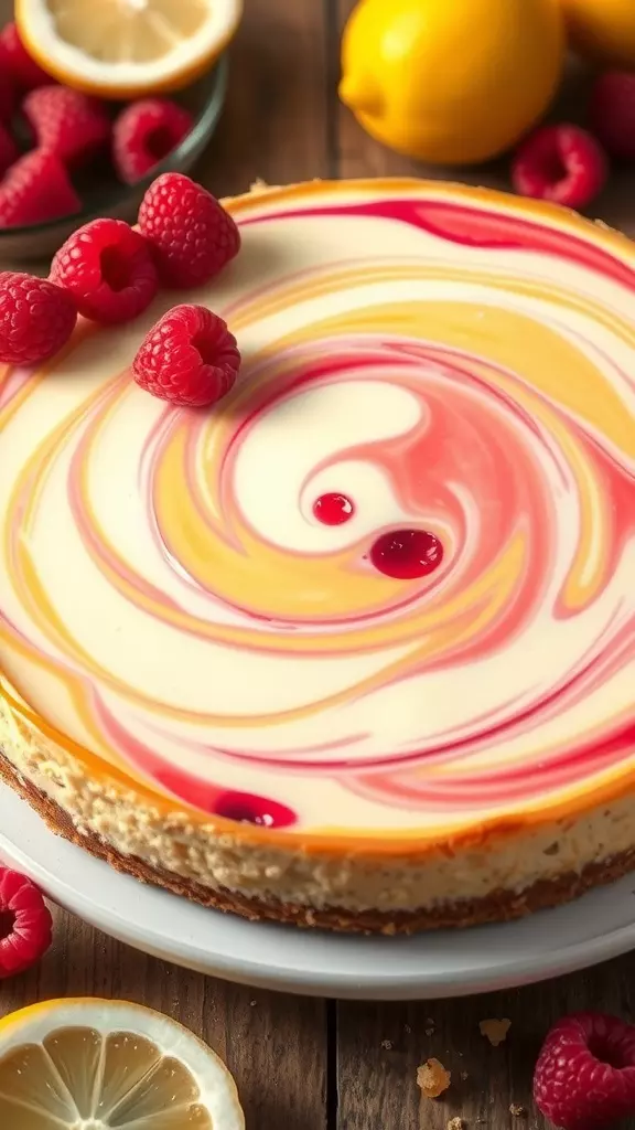 A delicious lemon raspberry swirl cheesecake topped with fresh raspberries.