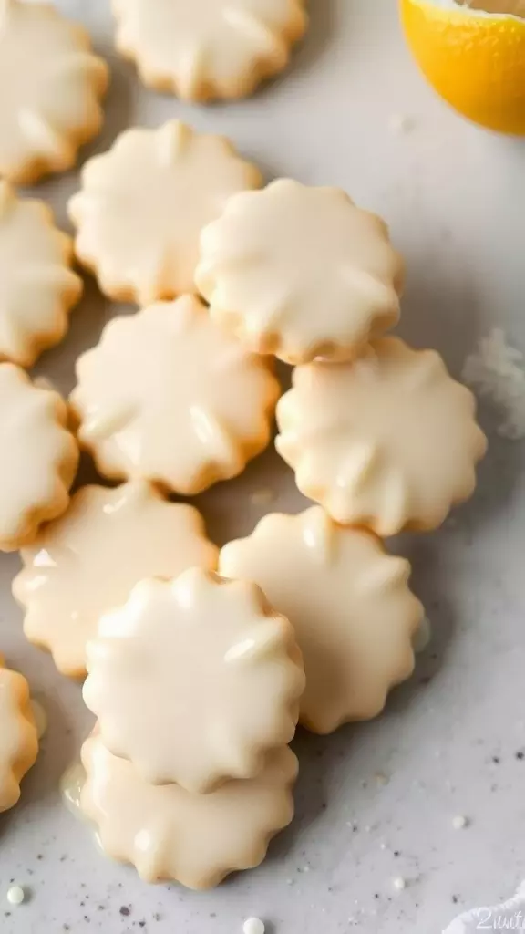 A close-up of lemon ricotta cookies arranged on a surface with a lemon half nearby.