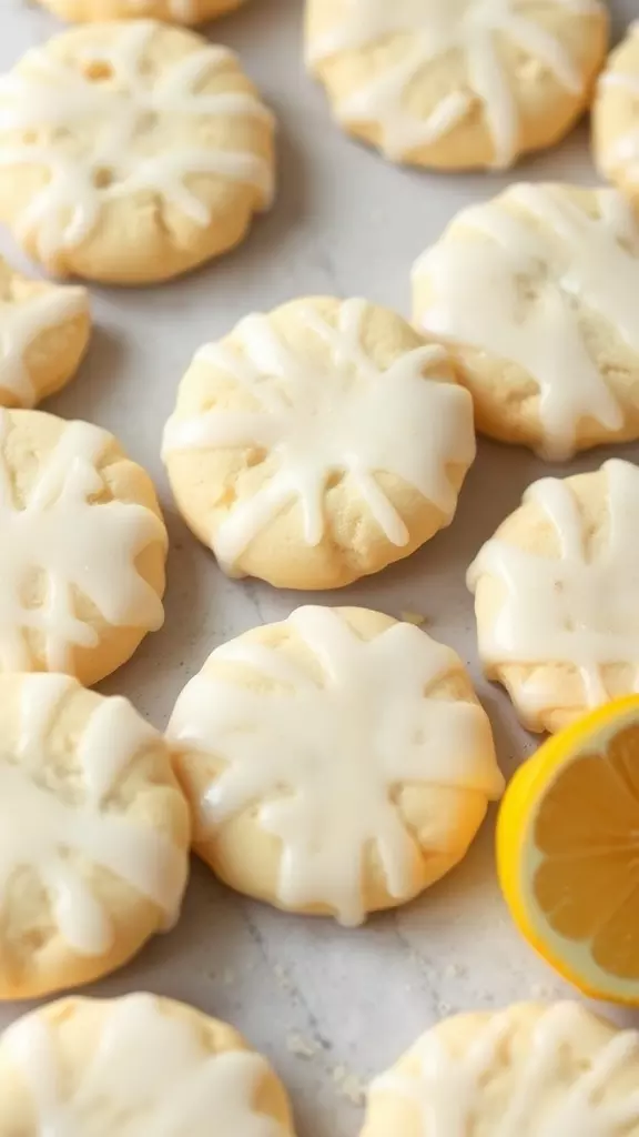 Delicious lemon ricotta cookies with a sweet glaze and a slice of lemon on the side.