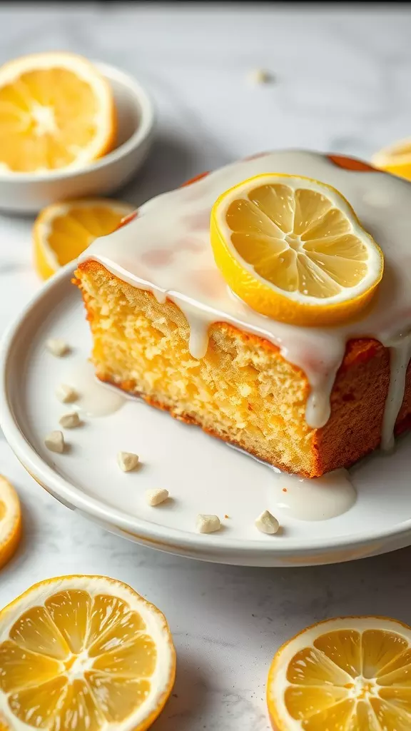 A slice of Lemon Soda Pound Cake topped with lemon glaze and garnished with lemon slices.