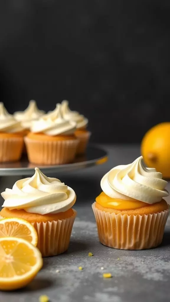 Delicious lemon stuffed cupcakes with frosting and lemon slices