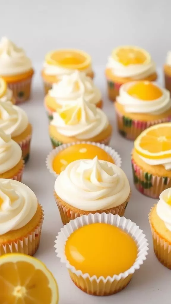 Lemon stuffed cupcakes with creamy frosting and lemon slices on top.