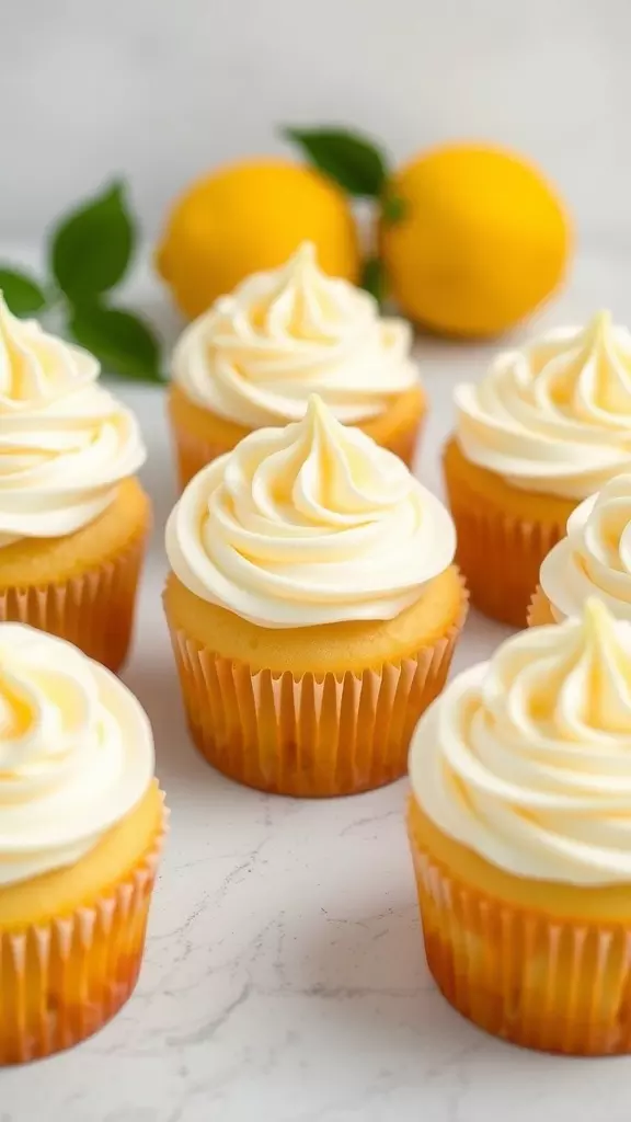 Lemon stuffed cupcakes with creamy frosting and fresh lemons in the background