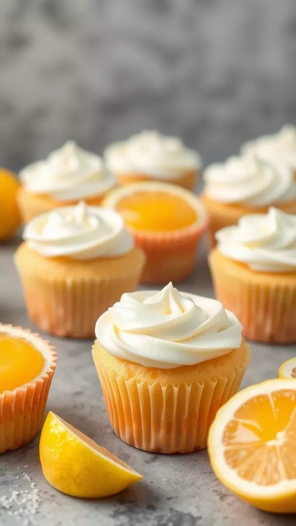 Lemon stuffed cupcakes with frosting and lemon slices